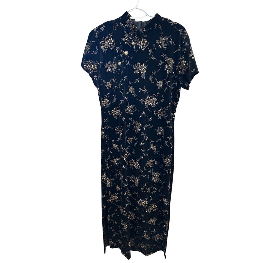 Sheri Martin New York Sz 16 Black Velvet Floral Asian Inspired Maxi Dress VTG